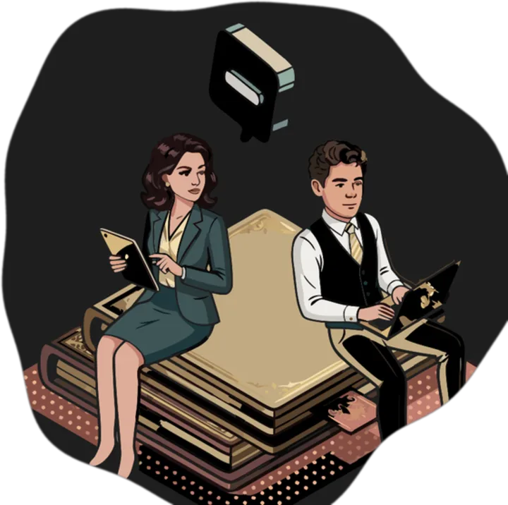 Two readers in business dress studying on a stack of oversized books