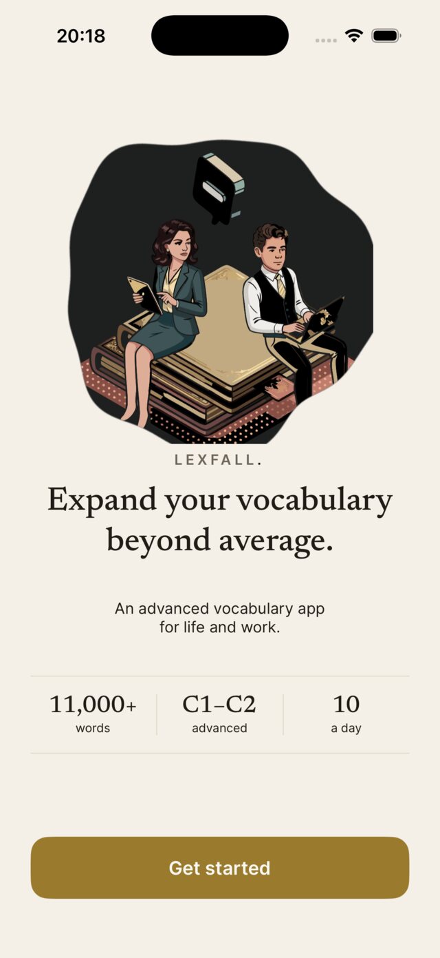 Lexfall's welcome screen: Expand your vocabulary beyond average