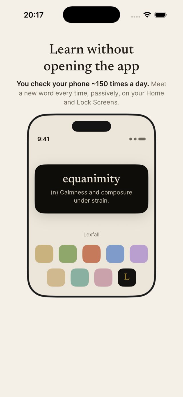 Lexfall's Home Screen widget showing the word equanimity and its meaning